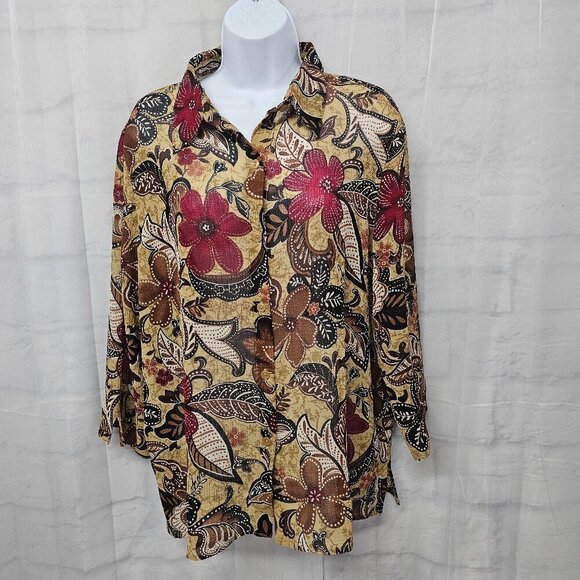 Brown Blouse Red Floral Boho Sheer Button-Down Retro Hippie 16 - Picture 13 of 13